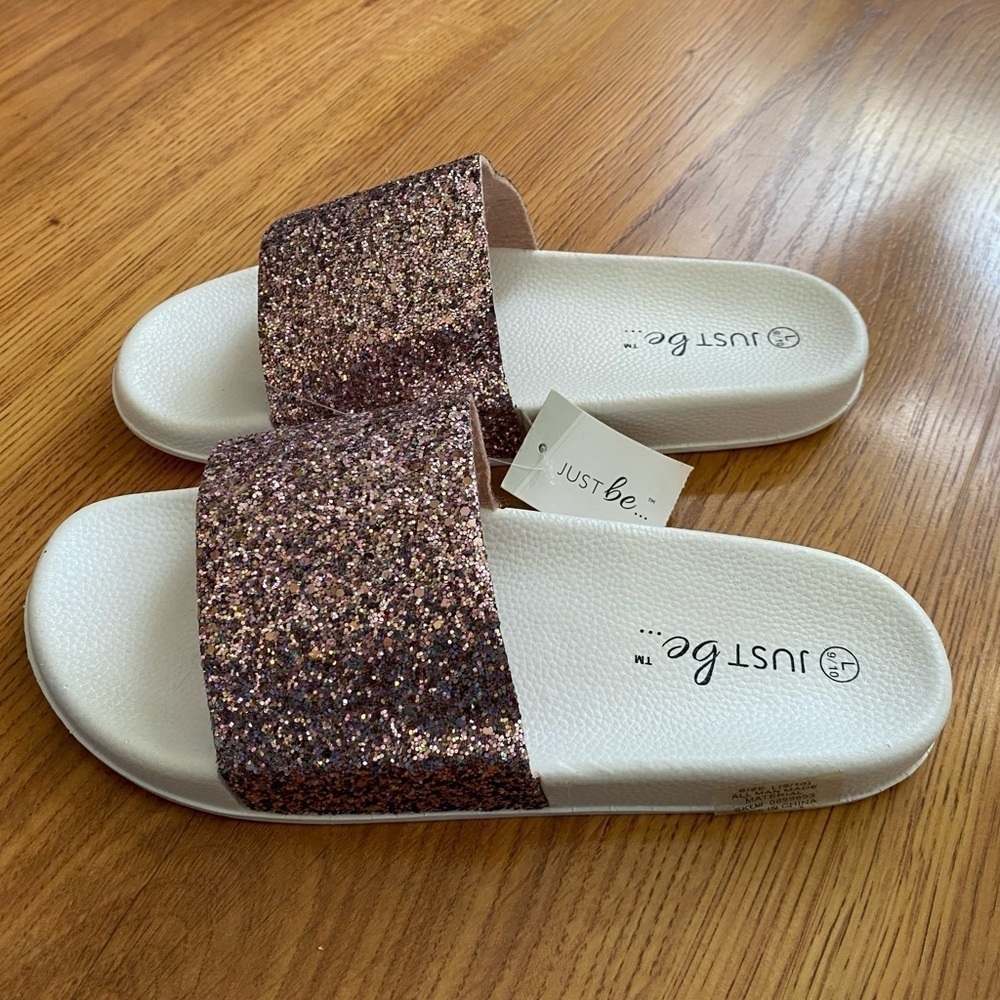 Rose Gold Blush Glitter Slides NWT Size L 9/10 - Picture 2 of 5